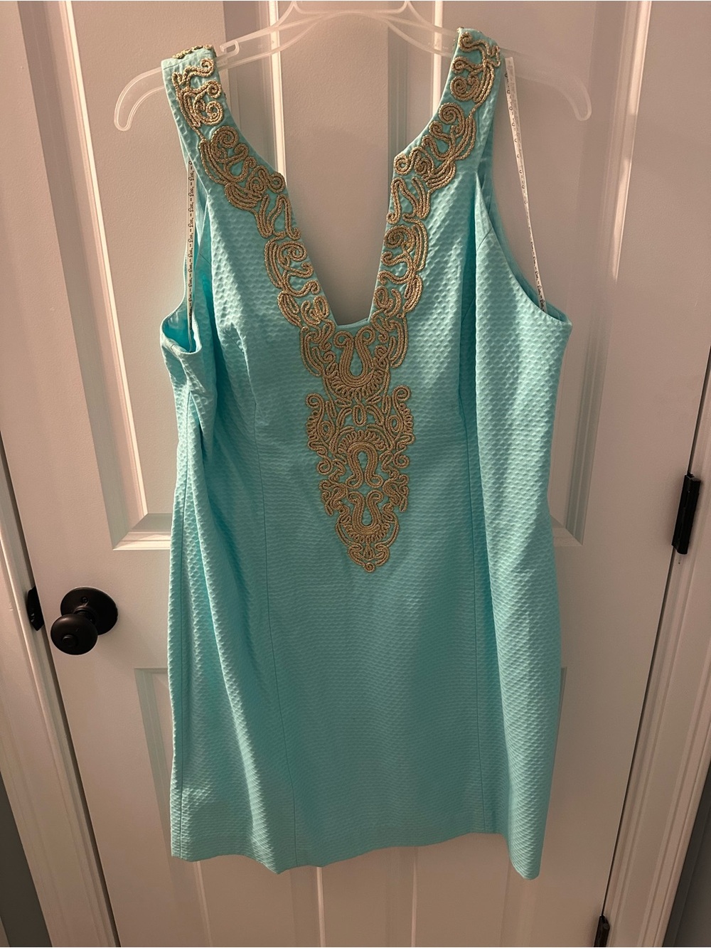 Lilly Pulitzer Aqua Mini Dress with Gold Embellished V-Neck